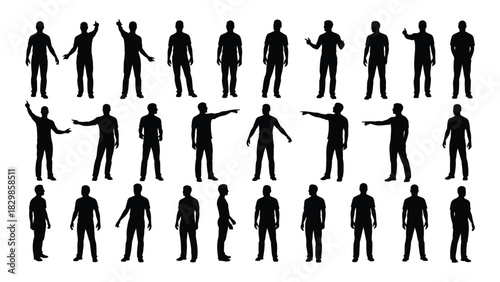 Collection of male silhouettes in various poses isolated on white background, Vector