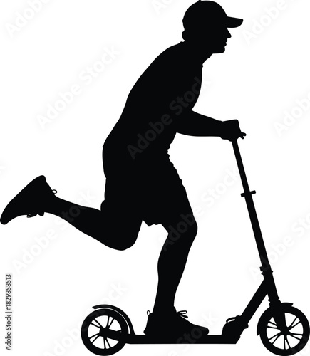 Man or youth riding a kick scooter silhouette in motion, enjoying recreational transport and urban wheeled sports activity, vector illustration.