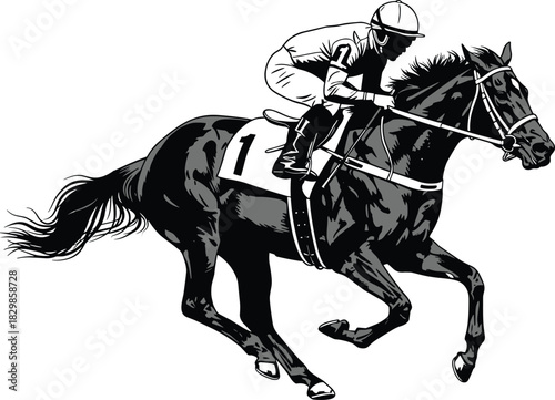 Stylized Black and White Vector Illustration of a Jockey Riding a Racehorse at Full Gallop, Depicting Speed, Equestrian Sports, Competition, and Horse Racing, Editable Graphic.