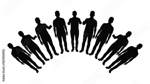 Men silhouettes in a semicircle formation isolated on white background, Vector