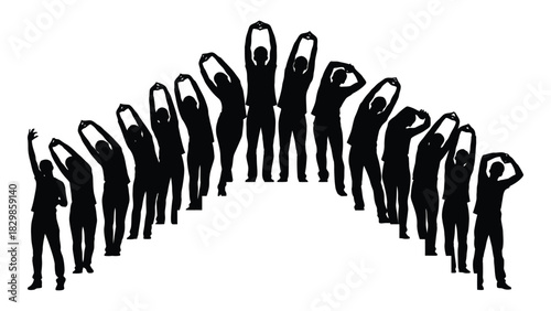 People stretching silhouettes in arc formation isolated on white background, Vector