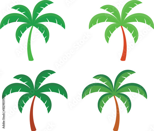 Minimalist tropical palm tree vector illustration featuring four coconut trees in simple flat design, isolated on white background for summer themes