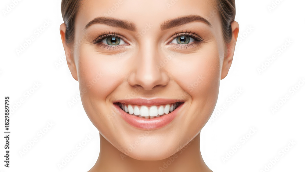 Obraz premium Close-up portrait of a smiling young woman with perfect white teeth and radiant skin, exuding pure happiness and confidence. isolated on transparent background