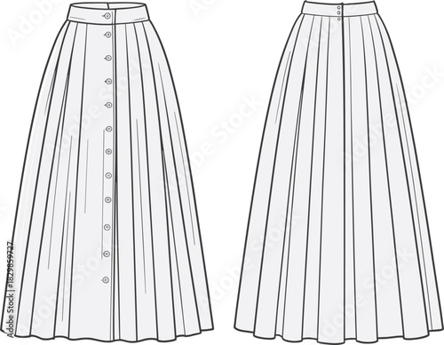 Technical flat sketch vector illustration of a women's flared maxi skirt. Front and back view of long A-line skirt with waistband, pleats, and full button-down placket.