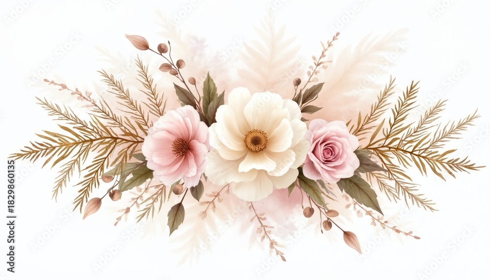 Obraz premium Soft watercolor floral illustration blush pink, cream flowers on white. Delicate roses, peonies, dried pampas grass, subtle branches create gentle elegant bouquet graphic. Natural botanical element