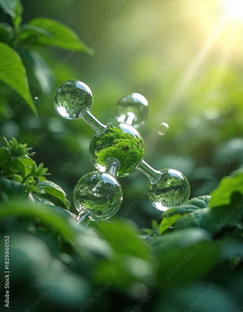 Naklejka premium Molecular structure with green vegetation inside. 3D render of molecule floats amid leaves and bright sunlight. Eco tech and sustainable chemistry concept. Green energy and nature.