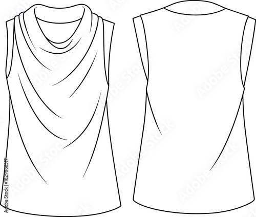 Women's Cowl Neck Sleeveless Top Fashion Flat Technical Drawing, Front and Back CAD Vector Illustration, Design Template for Apparel and Garment Specifications