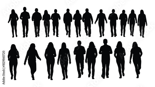 Diverse group of people silhouettes walking and jogging isolated on white background, Vector