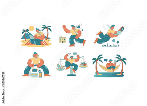 This collection of illustrations depicts a male character navigating the challenges and benefits of a flexible, modern working lifestyle, often associated with a digital nomad or remote worker.