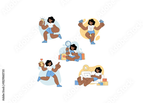 A woman engaging in various aspects of digital commerce and modern consumer behavior, focusing on the excitement and process of online shopping and interacting with digital content.