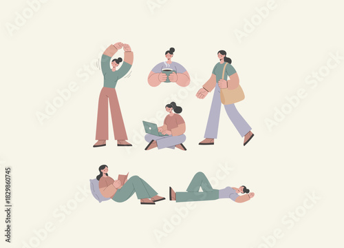 This collection of illustrations depicts a woman engaging in calm, everyday activities that promote self-care, mindfulness, and a relaxed routine.