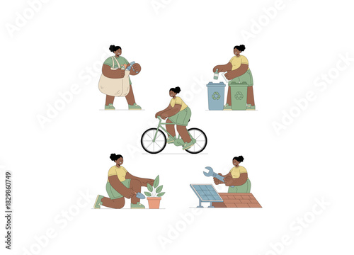 This collection of illustrations features a woman actively participating in various eco-friendly and sustainable activities, emphasizing environmental consciousness and responsibility.
