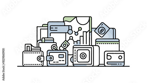 Illustration of various digital wallets and financial technology symbols.