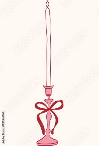 Elegant coquette hand drawn minimalist illustration of a tall burning candle in a classic candlestick holder decorated with a ribbon. ideal for vintage, decoration,mood, celebration, romantic designs