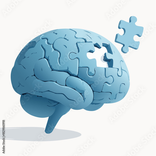 Blue brain puzzle concept with missing piece symbolizing mental health, memory, problem solving, and psychology.