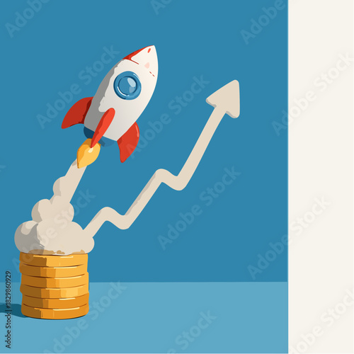 Rocket ship launching from a stack of gold coins representing startup success, financial boost, and rapid business growth.
