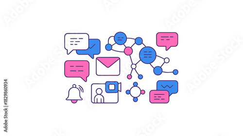 Network of social media and communication icons.