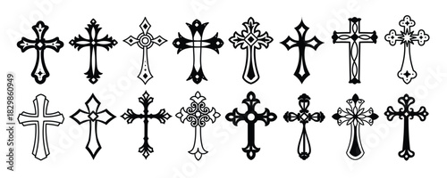 Christian Cross silhouette set vector. Collection of different crosses isolated on white background. Religious illustration design for icon, holy week, clip art, Good Friday, easter, Christmas.