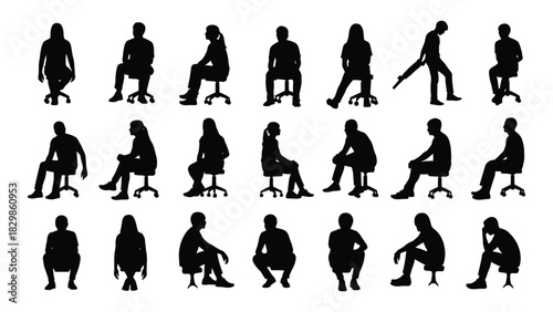 People sitting on chairs silhouette set isolated on white background, Vector