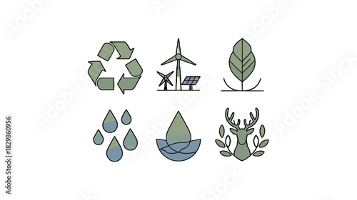 An illustrated collection of environment and eco-friendly symbols.