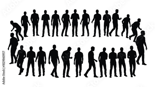 Collection of male silhouettes in various poses isolated on white background, Vector