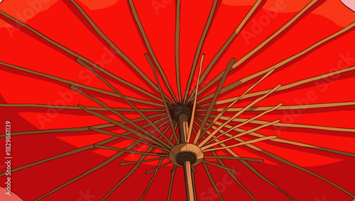 Red umbrella pattern lunar new year detailed underside view of traditional red paper parasol concept of cultural celebration