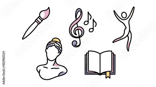 A collection of artistic symbols, including a paintbrush, music notes, a dancer, a sculpture, and an open book.