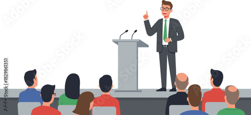 Professional speaker at podium, business conference presentation, public speaking event, corporate seminar, leadership talk, audience engagement, formal stage setting