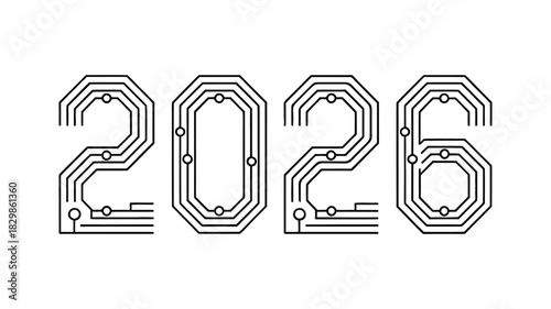 Digital circuit board style typography design spelling out the year 2026