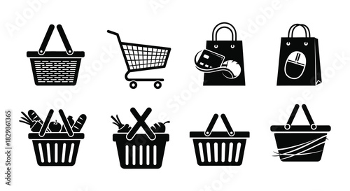 Variety of shopping baskets carts and bags in a black and white design