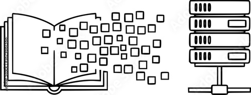 A book from which pixels flow out and flow into the server. The concept of knowledge theft by a neural network, illegal AI training in literature, and copyright infringement.