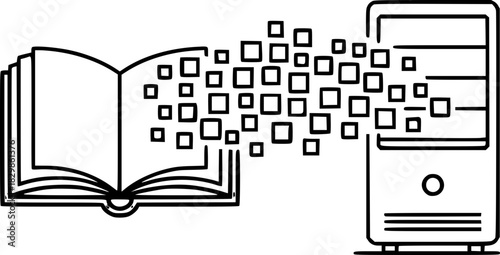 A book from which pixels flow out and flow into the server. The concept of knowledge theft by a neural network, illegal AI training in literature, and copyright infringement.