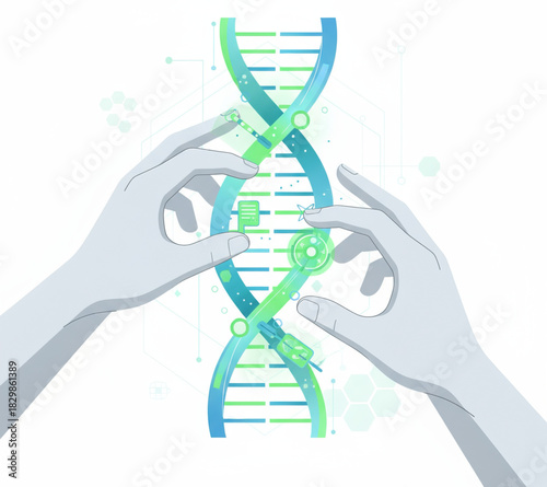 Hands manipulate a DNA helix, symbolizing genetic research and biotechnology advancements