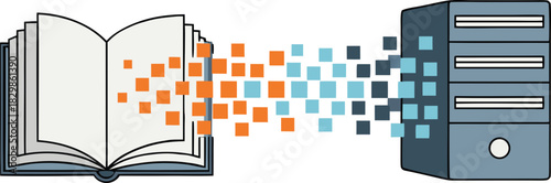 A book from which pixels flow out and flow into the server. The concept of knowledge theft by a neural network, illegal AI training in literature, and copyright infringement.