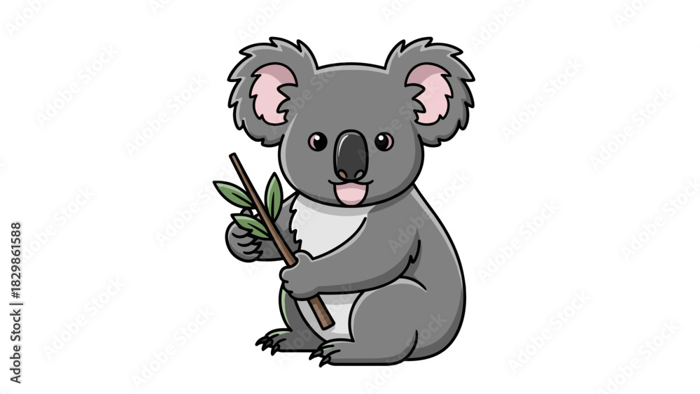 Fototapeta premium Cute koala illustration holding a branch, showcasing wildlife and nature