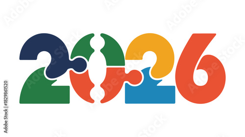 Colorful puzzle pieces forming the year 2026, representing teamwork, connection, and future planning