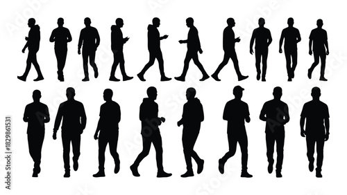 Men walking and running silhouettes set isolated on white background, Vector