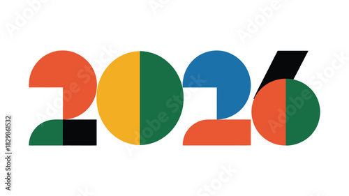 Colorful abstract graphic design featuring the year 2026 in bold geometric shapes and vibrant primary and secondary colors