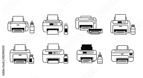 Office equipment icons depicting printers cartridges and wireless connectivity