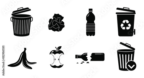 Black and white icons depicting various forms of waste and recycling