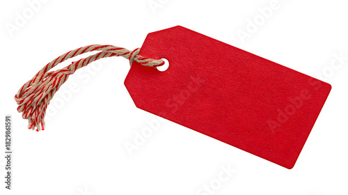 Red Christmas tag with string hole for labeling gifts isolated on white background