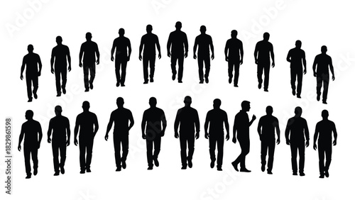 Set of male silhouettes walking and standing isolated on white background, Vector