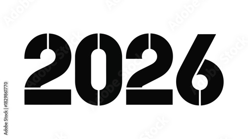 Bold stencil style black number 2026 typography design, representing the upcoming year