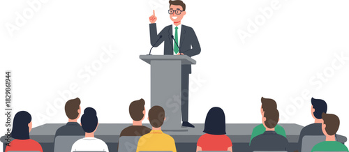 Public speaker at podium, business presentation, leadership seminar, confident man in suit, audience engagement, corporate event, communication skills, keynote speech