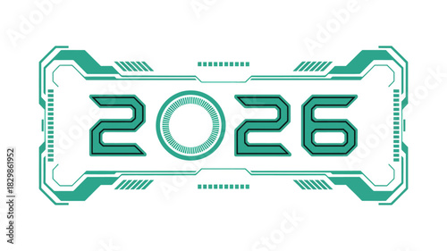 Futuristic green digital display showing the year 2026 with a hightech hud frame