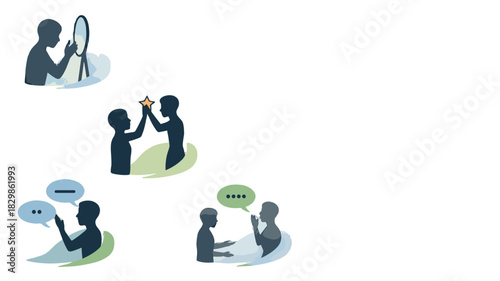 Multiple illustrations showcasing various self-reflection and communication scenarios.