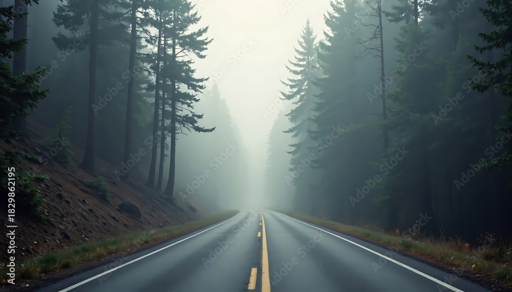 Fototapeta premium A promising landscape with a foggy forest highway in gloomy green and gray tones with foggy pines along an empty road