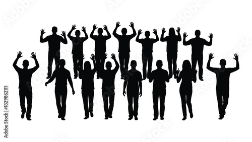 Crowd of people silhouettes with raised hands isolated on white background, Vector