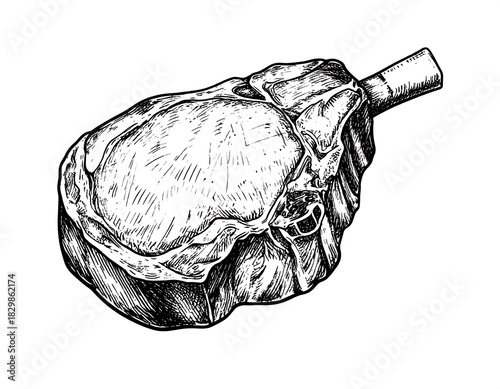 Detailed monochrome sketch of a raw bone-in ribeye steak on a white background