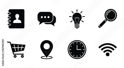 Collection of black and white time travel and calendar related icons